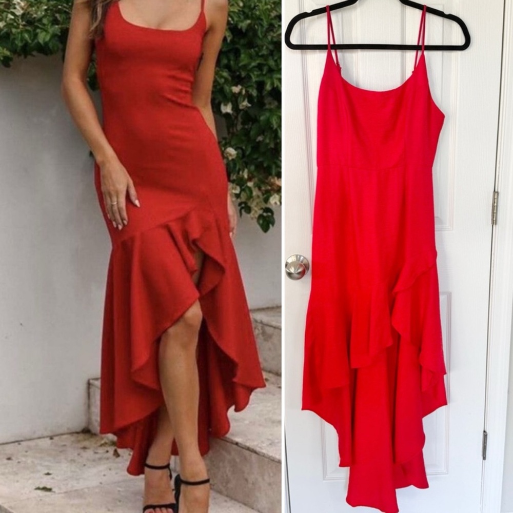 Saints + Secrets Red Ruffle Asymmetrical Slip Dress Size Small